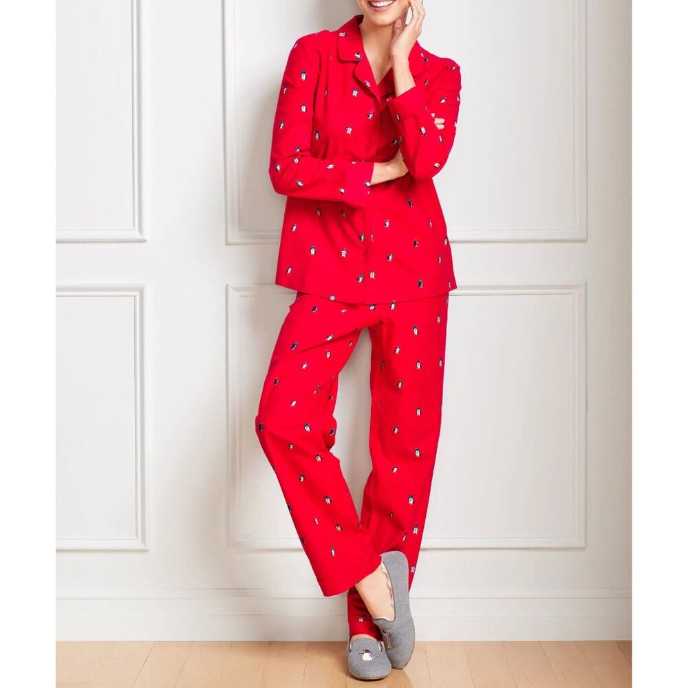 Talbots cotton flannel sleep set red Dancing Penguins print pajamas top pants M - Picture 2 of 11